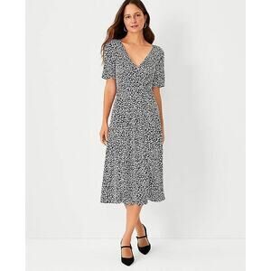 Ann Taylor Petite Animal Print Wrap Dress 10P Black White Rayon Leopard Career